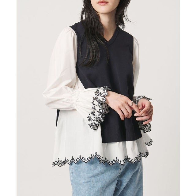 スカラップ コンビ ブラウス ニット （NAVY）