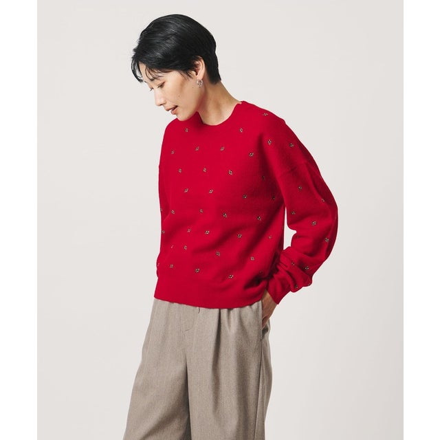 エンブロイダリー クルーネック ニット （RED）
