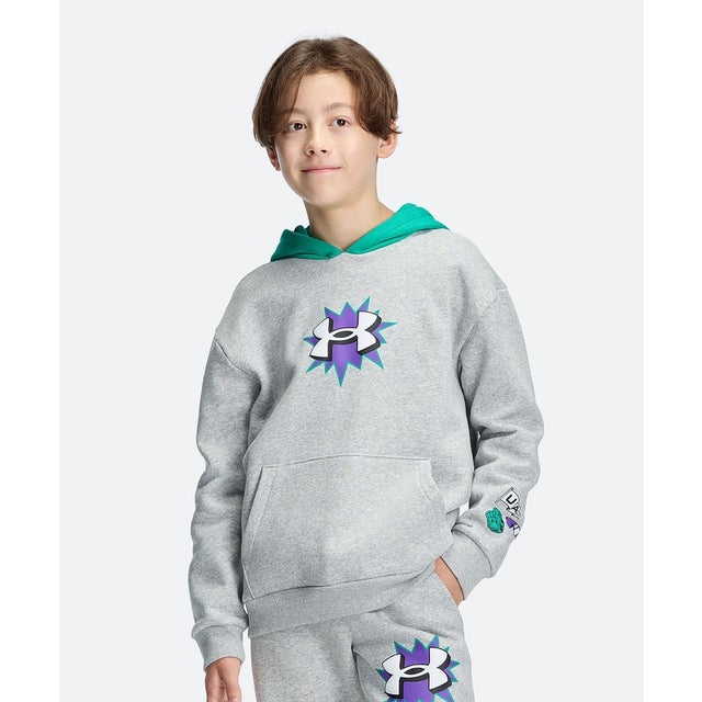 /キッズ/UA RIVAL FLEECE GRAPHIC HOODIE （Mod Gray Light Heather / Geode Green / White）