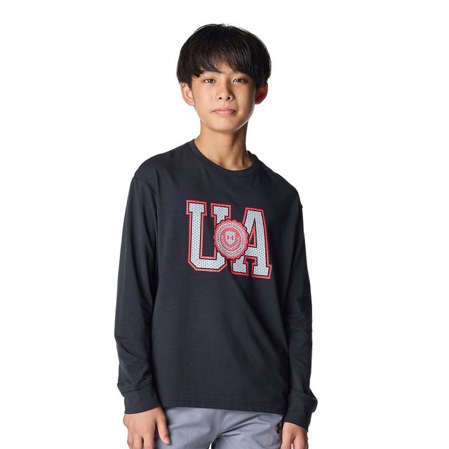 /キッズ/UA PERFORMANCE COTTON VARSITY LOGO LONG SLEEVE T-SHIRT （Black /  / Mod Gray）