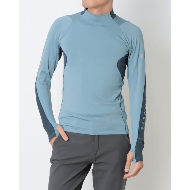 メンズ フィットネス 長袖コンプレッションインナー UAコールドウェザー ストーム グリッド ロングスリーブ シャツ 6016718 （Blue Wind /  /）