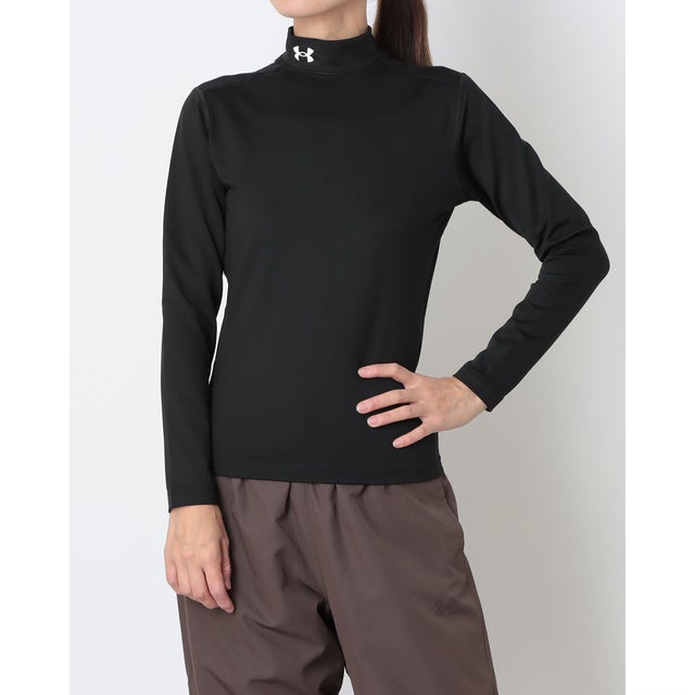 レディース フィットネス 長袖コンプレッションインナー UAコールドギア モックネック シャツ 6013665 （Ultimate Black /  / White）