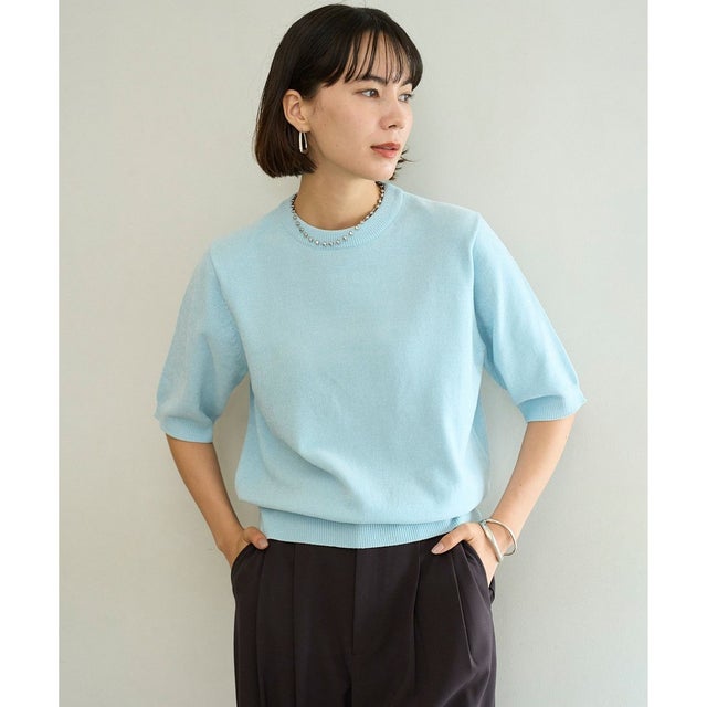 【軽量/UVケア】ベロアモール ハーフスリーブニット （サックス）