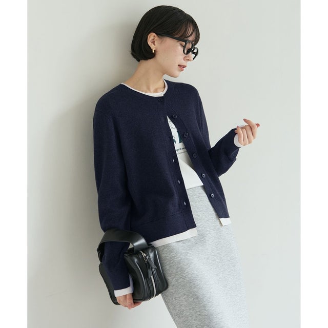 スウェットライクニット フェイクレイヤード カーディガン （ネイビー×オフ）