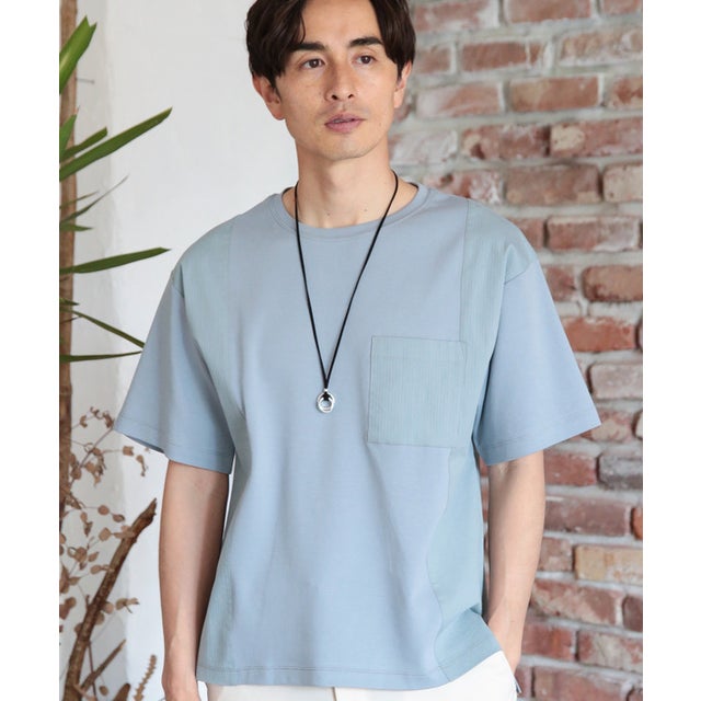 異素材切替コンビポケットTシャツ【ストレッチスムース/ストレッチドビー】 （ライトブルー）