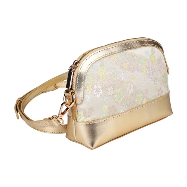 レトロ和風花卉刺繍ハーフシート貝殻バッグ おしゃれなハーフシートレディースバッグ （西陣 WINE＊GOLD）
