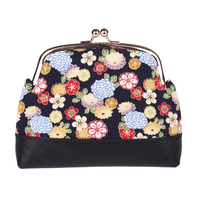 和風花卉柄の日本風コインケース リトグラフ刺繍のレトロで洗練された布製小銭入れ （花小町 HANAKOMACHI BLK）