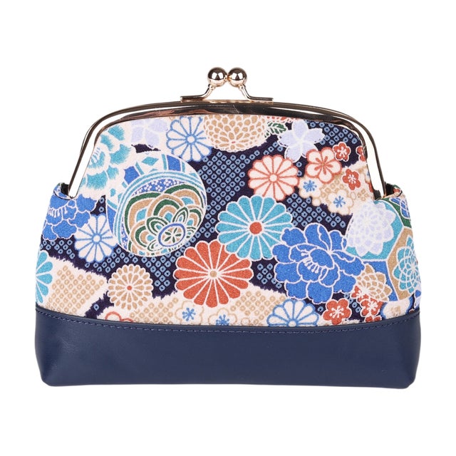 和風花卉柄の日本風コインケース リトグラフ刺繍のレトロで洗練された布製小銭入れ （花づくし HANATSUKUSHI NAVY）