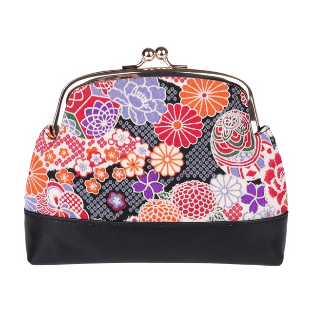 和風花卉柄の日本風コインケース リトグラフ刺繍のレトロで洗練された布製小銭入れ （花づくし HANATSUKUSHI BLK）