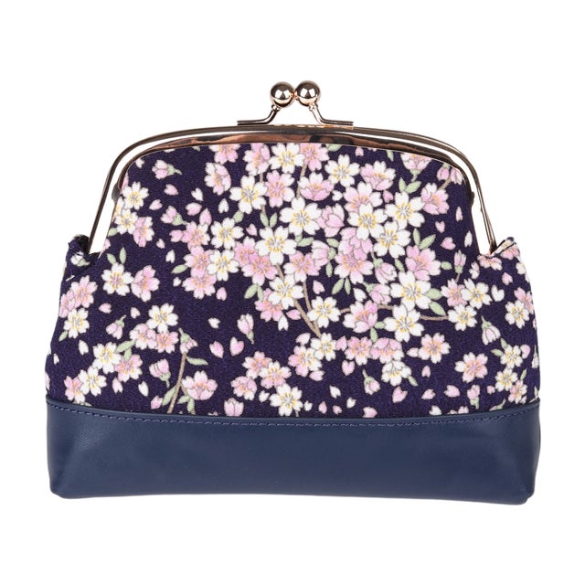 和風花卉柄の日本風コインケース リトグラフ刺繍のレトロで洗練された布製小銭入れ （小櫻 SAKURA NAVY）