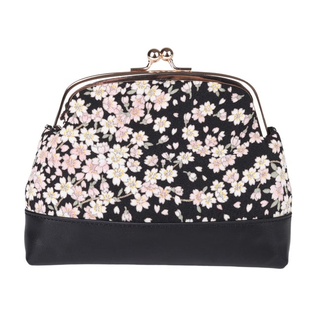 和風花卉柄の日本風コインケース リトグラフ刺繍のレトロで洗練された布製小銭入れ （小櫻 SAKURA BLK）