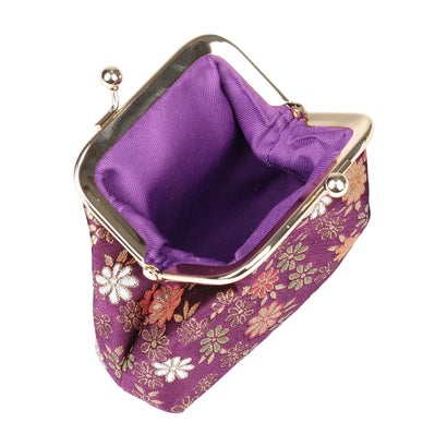 レトロ刺繍のハイライト加工布地に金属製口金を施したウォレット （三丁目サビ小花柄 PURPLE）｜詳細画像