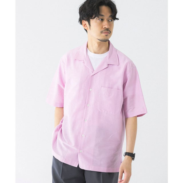 コットンシルクショートスリーブオープンカラーシャツ （SMOKE/PINK）