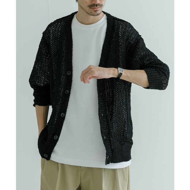 透かし編みVカーディガン （BLACK）