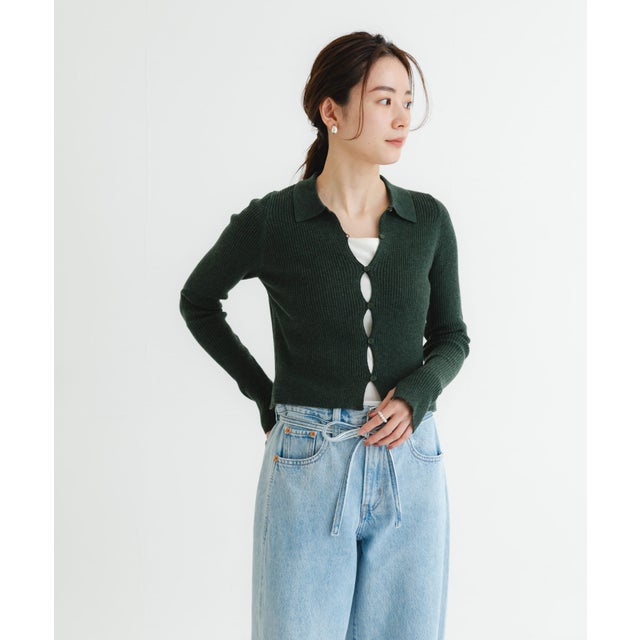 シャツカラーリブニットカーディガン （MOSS GREEN）