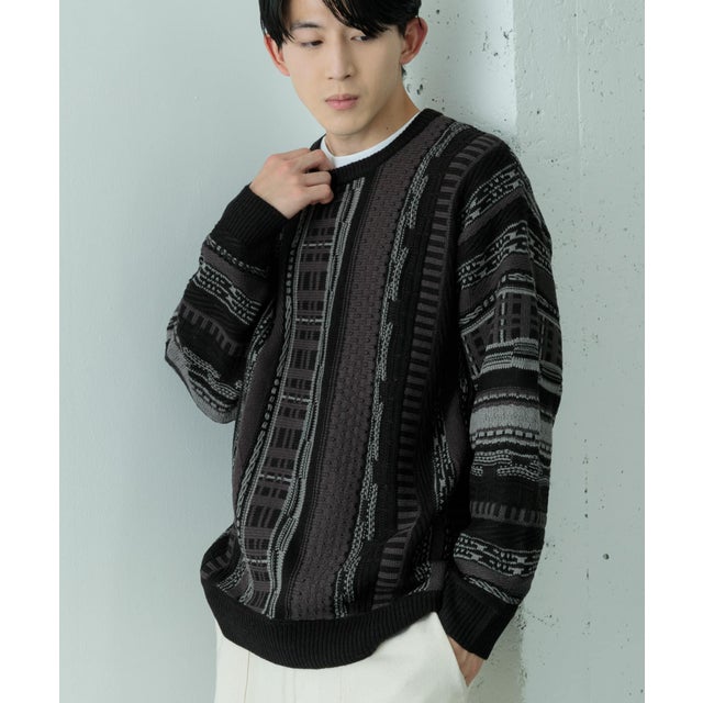 マルチジャカード クルーネックニット （BLK）