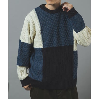 アイテムズ アーバンリサーチ ITEMS URBAN RESEARCH テクスチャーコンビ クルーネックニット （ネイビー）｜詳細画像