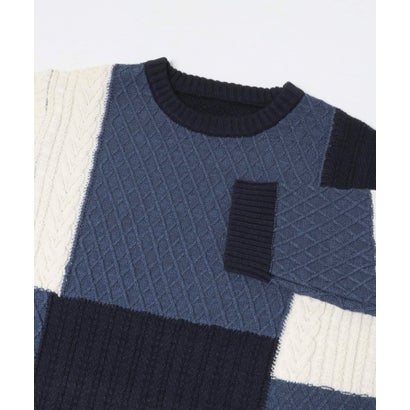 アイテムズ アーバンリサーチ ITEMS URBAN RESEARCH テクスチャーコンビ クルーネックニット （ネイビー）｜詳細画像