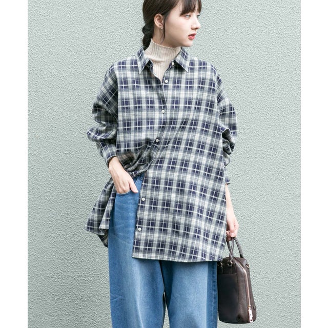 起毛チェックオーバーシャツ （ネイビー）