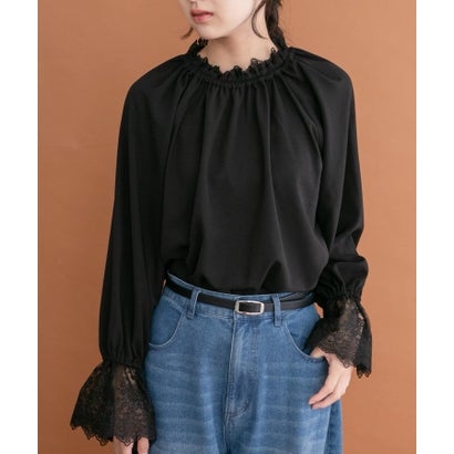 アイテムズ アーバンリサーチ ITEMS URBAN RESEARCH レースフリルギャザーブラウス （ブラック）｜詳細画像