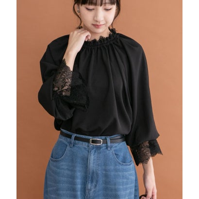 アイテムズ アーバンリサーチ ITEMS URBAN RESEARCH レースフリルギャザーブラウス （ブラック）｜詳細画像