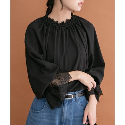 アイテムズ アーバンリサーチ ITEMS URBAN RESEARCH レースフリルギャザーブラウス （ブラック）｜詳細画像