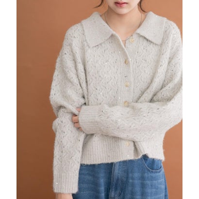 アイテムズ アーバンリサーチ ITEMS URBAN RESEARCH スパンコールポロニットカーディガン （オフホワイト）｜詳細画像