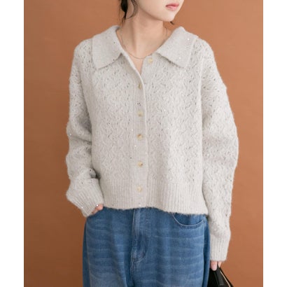 アイテムズ アーバンリサーチ ITEMS URBAN RESEARCH スパンコールポロニットカーディガン （オフホワイト）｜詳細画像