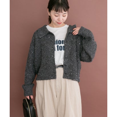 アイテムズ アーバンリサーチ ITEMS URBAN RESEARCH スパンコールポロニットカーディガン （ブラウン）｜詳細画像