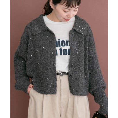 アイテムズ アーバンリサーチ ITEMS URBAN RESEARCH スパンコールポロニットカーディガン （チャコールグレー）｜詳細画像