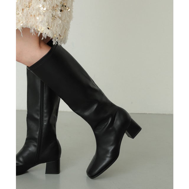 【予約】スクエアトゥストレッチロングブーツ （BLACK）