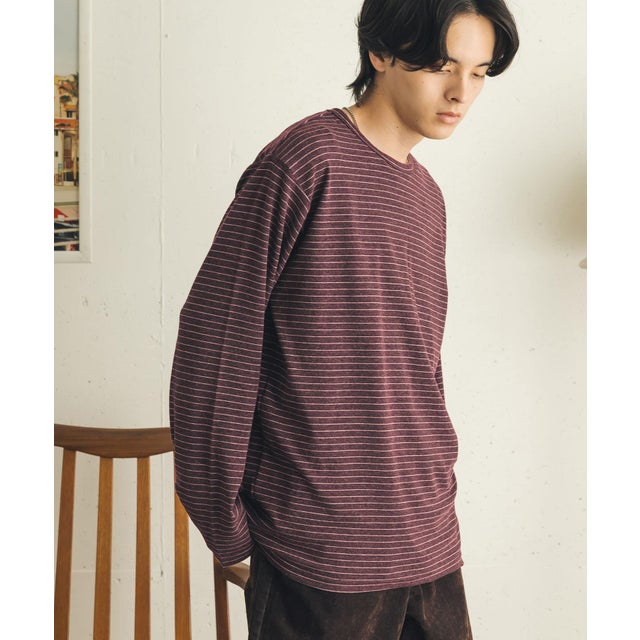 ブラッシュドボーダーロングTシャツ （ボルドー）