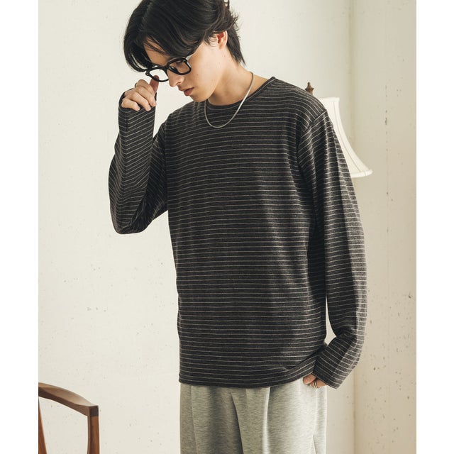 ブラッシュドボーダーロングTシャツ （ブラック）
