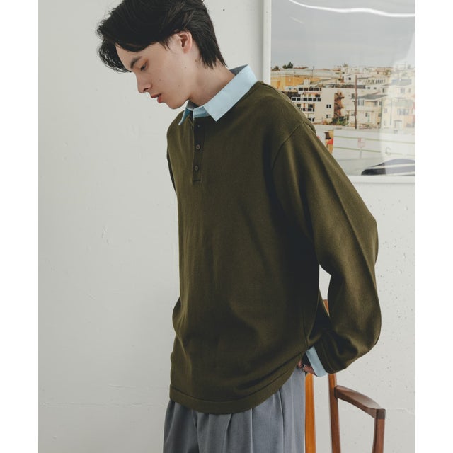 『洗濯可』シャツドッキングニットプルオーバー （カーキ）