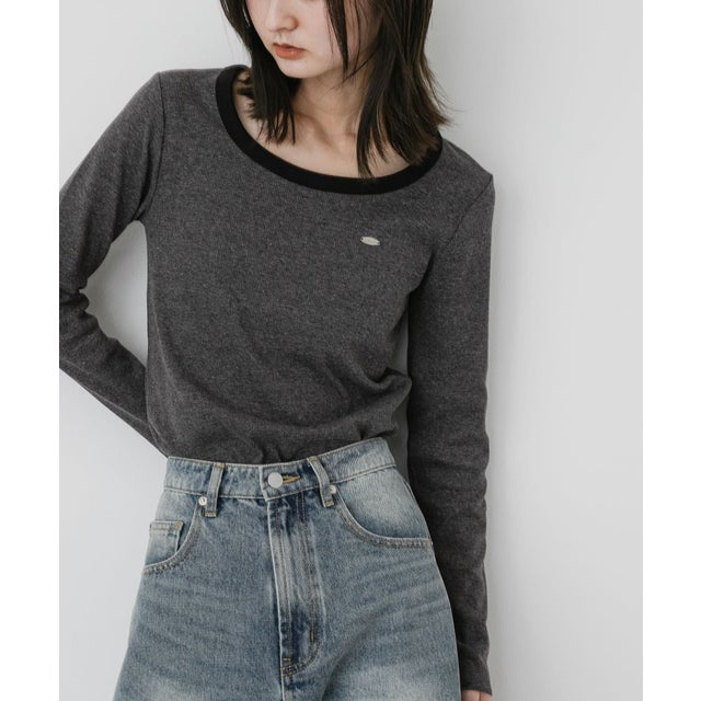 ラウンドネックリブTシャツ （グレー）