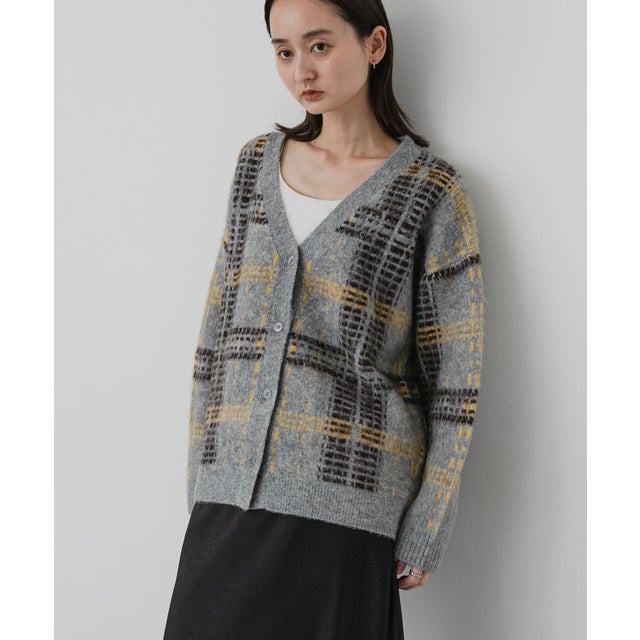 『洗濯可』チェックパターンニットカーディガン （グレー）