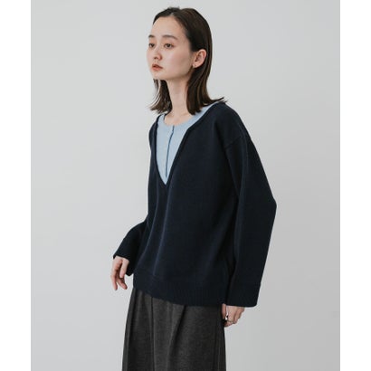 センス オブ プレイス バイ アーバンリサーチ SENSE OF PLACE by URBAN RESEARCH 『洗濯可』ダブルネックレイヤードヘンリーネックセーター （ネイビー）｜詳細画像