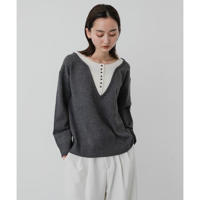 センス オブ プレイス バイ アーバンリサーチ SENSE OF PLACE by URBAN RESEARCH 『洗濯可』ダブルネックレイヤードヘンリーネックセーター （チャコールグレー）｜詳細画像