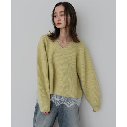 『洗濯可』レースレイヤードペプラムニット （イエロー）｜詳細画像