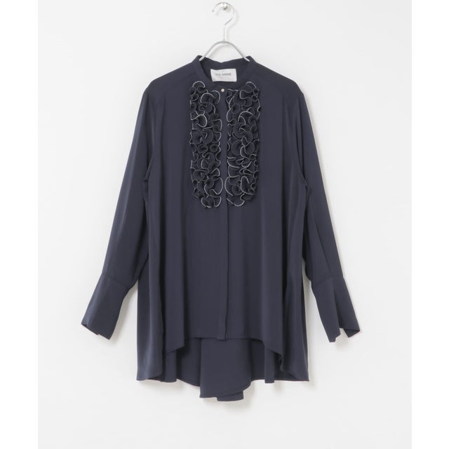 MARILYN MOON CRYSTAL PLEATS SATIN SHIRTS （ネイビー）