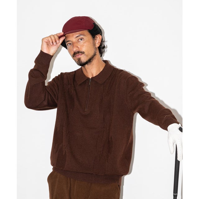 OOPS ケーブル襟付きニットポロシャツ （BROWN）