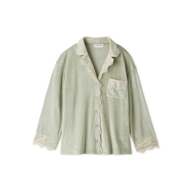 【Silky Fleece】レース開襟シャツ （GRN）