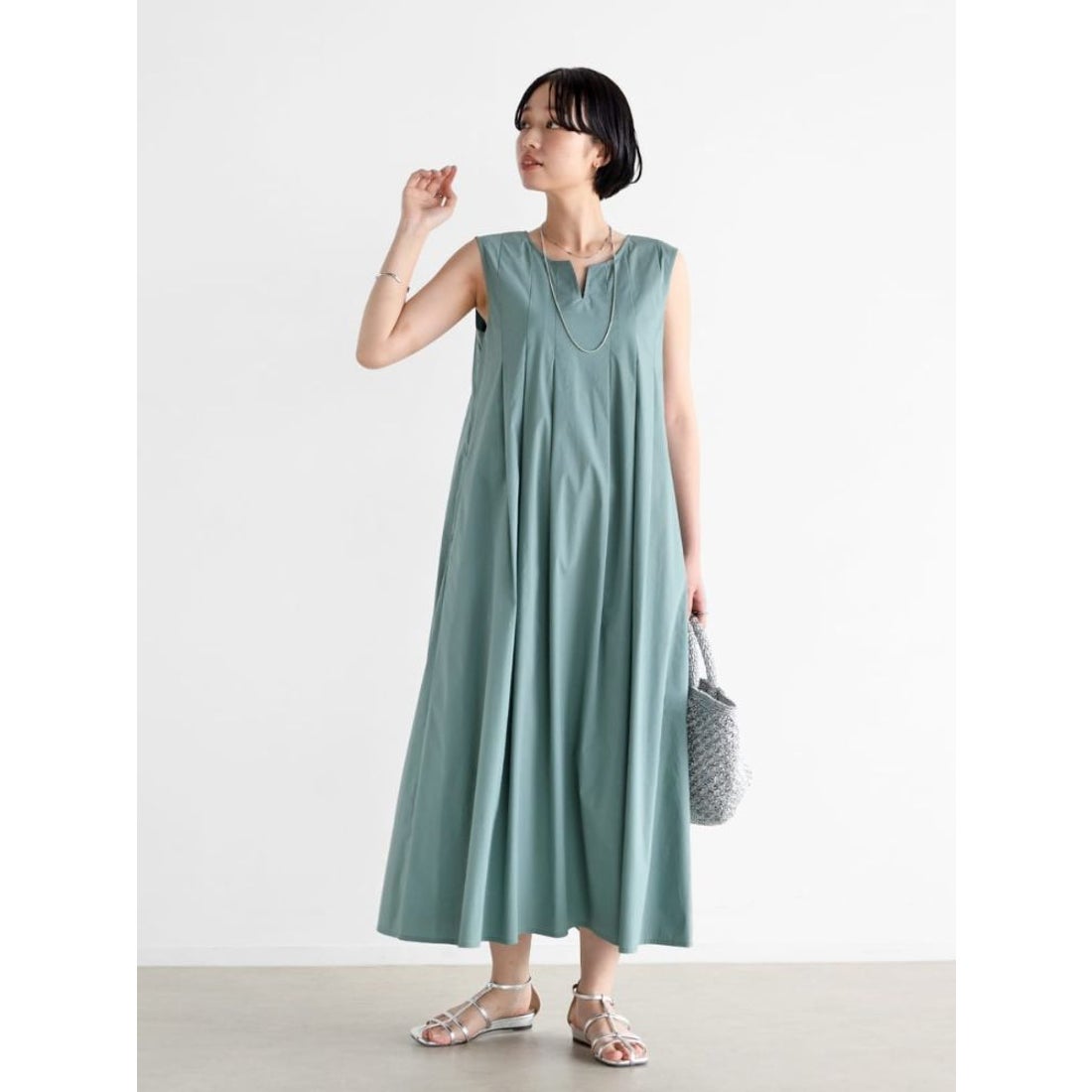ヴァン Vin キーネックタックワンピース （ライトグリーン 