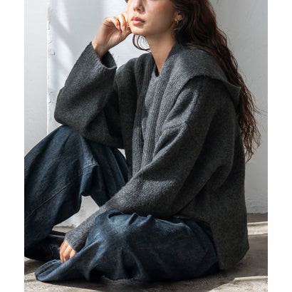 【2点セット】バラクラバ風フードニットマフラー付きVネックニット （NAVY）｜詳細画像