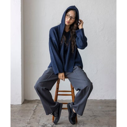【2点セット】バラクラバ風フードニットマフラー付きVネックニット （NAVY）｜詳細画像