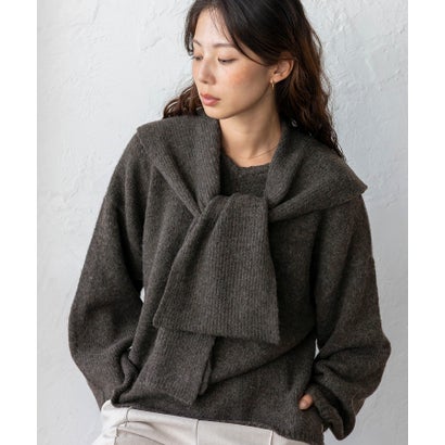 【2点セット】バラクラバ風フードニットマフラー付きVネックニット （BROWN）｜詳細画像