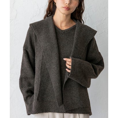 【2点セット】バラクラバ風フードニットマフラー付きVネックニット （BROWN）｜詳細画像