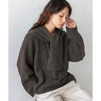 【2点セット】バラクラバ風フードニットマフラー付きVネックニット （CHARCOAL）｜詳細画像