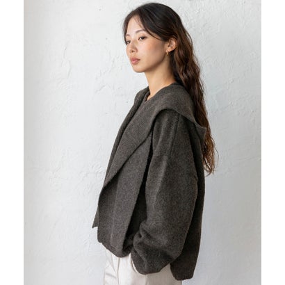 【2点セット】バラクラバ風フードニットマフラー付きVネックニット （CHARCOAL）｜詳細画像