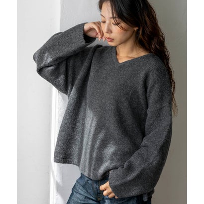 【2点セット】バラクラバ風フードニットマフラー付きVネックニット （CHARCOAL）｜詳細画像